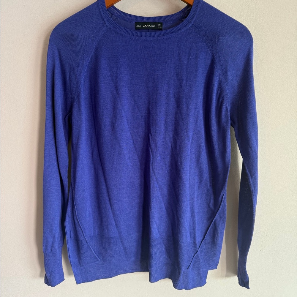 Zara Knit‎ Royal Blue Raglan Sleeve Crew Neck Sweater Womens Small